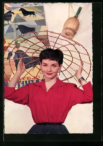 AK Schauspielerin Ingrid Andree lächelt in roter Bluse