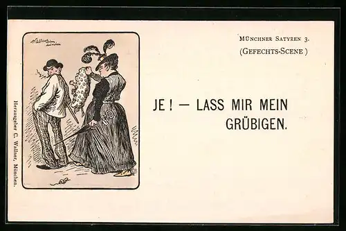Künstler-AK München, Ehefrau übergibt den Gatten das gemeinsame Kleinkind