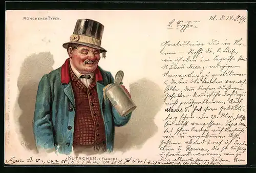 Lithographie München, Münchener Typen, Mann mit Bierkrug