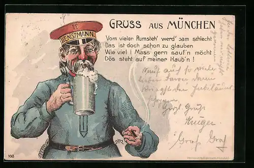 Lithographie München, Dienstmann in Uniform trinkt aus seinem Bierkrug
