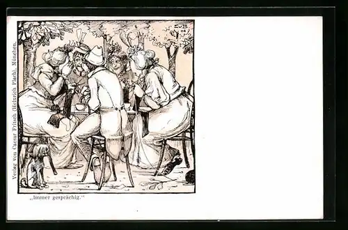 Lithographie München, Immer gesprächig, Damen u. Herr am Kaffeetisch