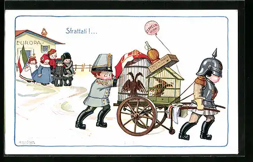 Künstler-AK A. Bertiglia: Sfrattati!..., Soldaten mit Vogelkäfigen auf einem Karren, Propaganda Entente