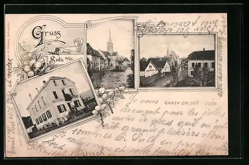 AK Sulz, Gasthaus Hoffnung, Strassenpartie mit Kirchturm