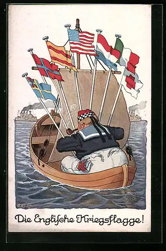 Künstler-AK P. O. Engelhard (P.O.E.): Die englische Kriegsflagge, Englischer Matrose versteckt sich