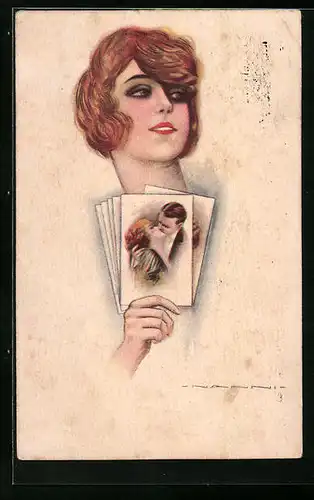 Künstler-AK Nanni: Hübsche Dame präsentiert Ansichtskarten