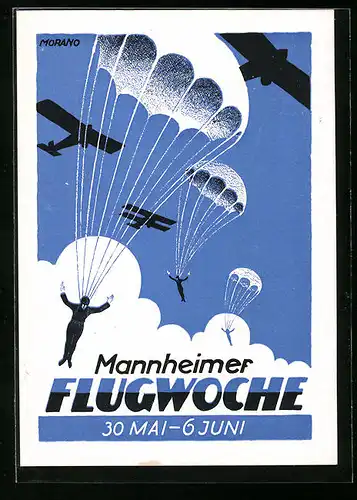 Künstler-AK Mannheim, Flugwoche 1926, Süddeutschland-Flug 1926, Fallschirmspringer schweben zu Boden