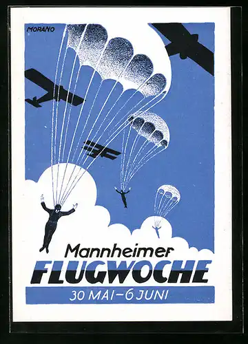 Künstler-AK Mannheim, Flugwoche 1926, Süddeutschland-Flug 1926, Fallschirmspringer