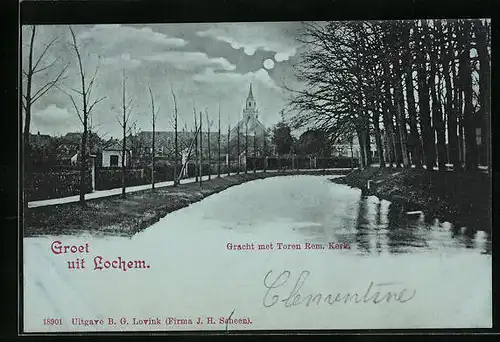 Mondschein-AK Lochem, Gracht met Toren Rem. Kerk