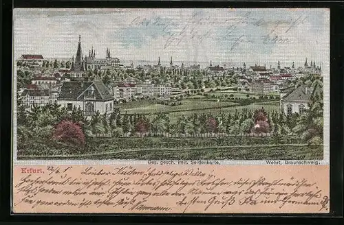 Seiden-Imitations-AK Erfurt, Panorama mit Kirche