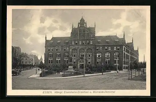 AK Essen, Kgl. Eisenbahn-Direktion u. Bismarck-Denkmal