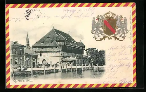 AK Konstanz, Ortsansicht vom Hafen aus, Passepartout mit Wappen