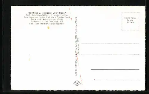 AK Kohlberg bei Metzingen /Württemberg, Gasthaus und Metzgerei Zur Krone, Ortsansicht