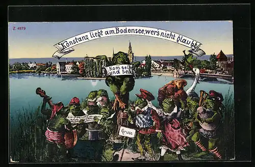 AK Konstanz am Bodensee, Uferpartie mit musizierenden Fröschen