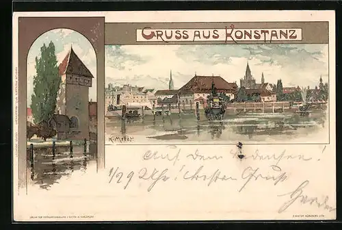 Künstler-AK Karl Mutter: Konstanz, Uferpartie mit Dampfer, Turm