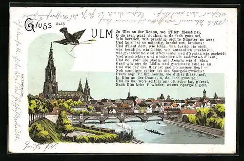Künstler-AK Ulm, Teilansicht mit Kirche und Eisenbahn