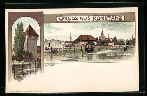 Künstler-AK Karl Mutter: Konstanz, Uferpartie mit Dampfer, Turm