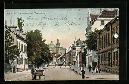 AK Durlach, Hauptstrasse mit Postamt und Turmberg