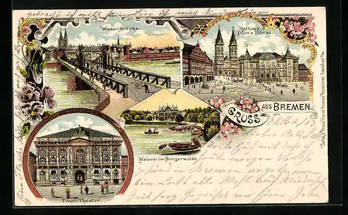Lithographie Bremen, Rathaus, Dom, Börse