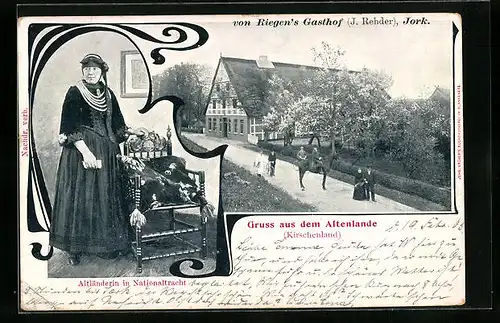 AK Jork, Riegens Gasthof, Altländerin in Nationaltracht
