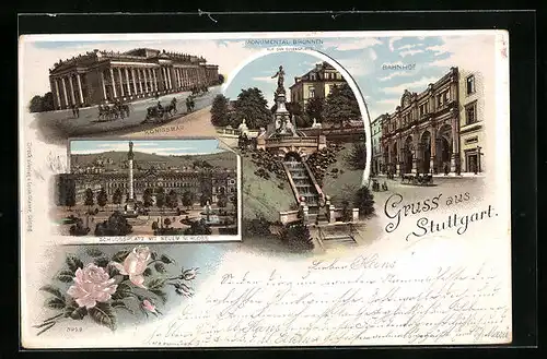 Lithographie Stuttgart, Königsbau, Schlossplatz mit neuem Schloss, Bahnhof