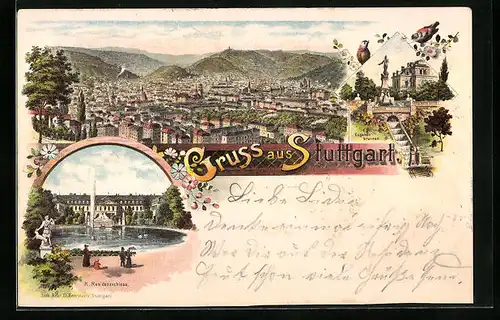 Lithographie Stuttgart, Ortsansicht, Eugensbrunnen, K. Residenzschloss