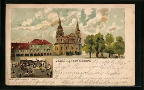 Lithographie Ludwigsburg, Kirche und Markt