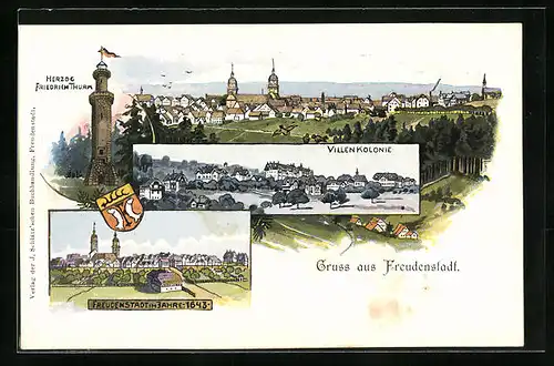 Lithographie Freudenstadt, Ortsansicht, Villenkolonie, Herzog-Friedrich-Turm