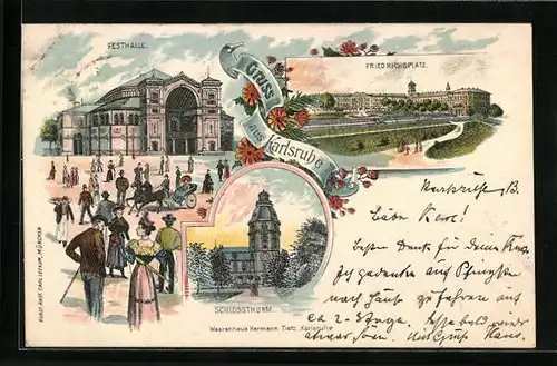Lithographie Karlsruhe, Festhalle, Friedrichsplatz, Schlossturm