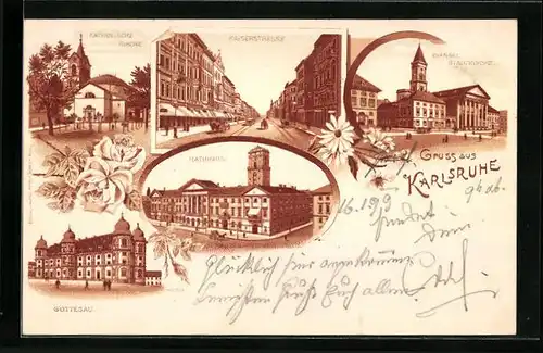 Lithographie Karlsruhe, Rathaus, Kaiserstrasse, Gottesau