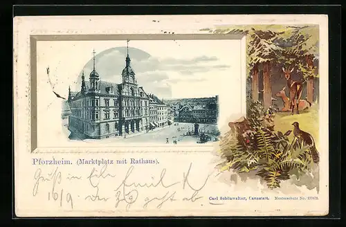 Lithographie Pforzheim, Marktplatz mit Rathaus, Passepartout mit Reh & Auerhahn