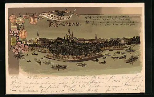 Lithographie Konstanz, Ortsansicht vom See aus mit Dampfschiffen