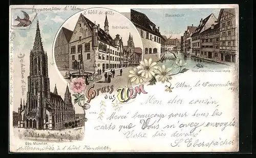 Lithographie Ulm, Münster, Rathaus, Blauansicht