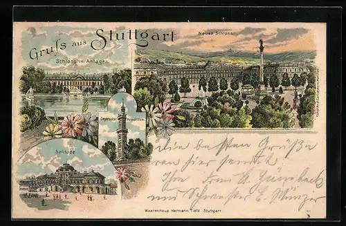 Lithographie Stuttgart, Neues Schloss, Solitude, Schloss mit Anlagen