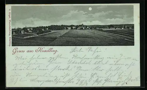 Mondschein-Lithographie Krailling, Panorama des Ortes hinter Feldern