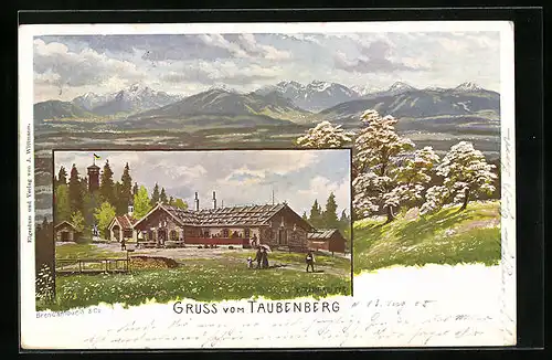 Lithographie Taubenberg, Berghütte mit Kapelle und Alpenpanorama