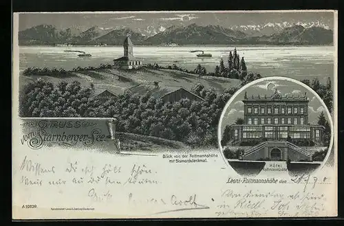 Mondschein-Lithographie Berg / Starnberger See, Rottmannshöhe, Hotel Rottmannshöhe