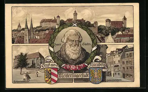 Lithographie Nürnberg, Ortsansicht, Katharinenkirche, Portrait Hans Sachs