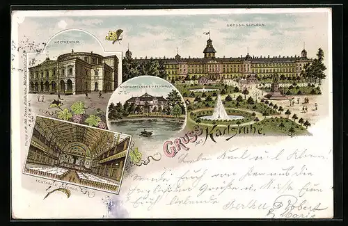 Lithographie Karlsruhe, Schloss, Hoftheater, Stadtgartensee und Festhalle