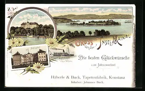 Lithographie Mainau, Ortsansicht aus der Vogelschau, Landungsplatz mit Schloss