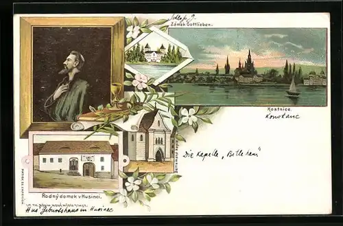 Lithographie Konstanz, Hus-Geburtshaus in Husinec, Totalansicht vom Wasser