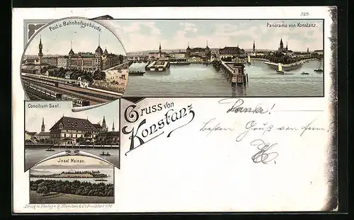 Lithographie Konstanz, Panorama, Post, Bahnhofsgebäude, Insel Mainau