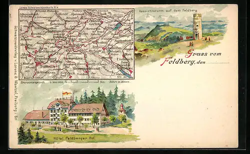 Lithographie Feldberg /Schwarzwald, Aussichtsturm, Landkarte, Hotel Feldberger Hof