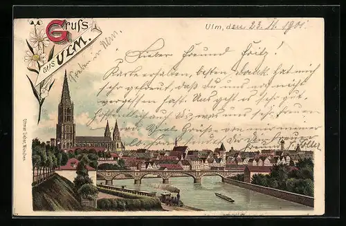 Lithographie Ulm, Ortsansicht mit Brücke und Dampf-Eisenbahn
