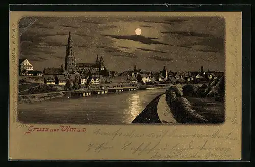 Mondschein-Lithographie Ulm, Ortsansicht vom Ufer aus