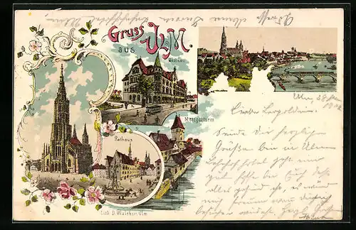 Lithographie Ulm, Rathaus, Metzgerturm, Ortsansicht mit Donaubrücke