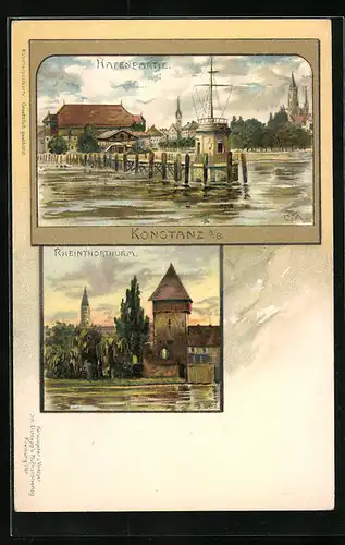 Lithographie Konstanz, Hafenpartie und Rheinthorthurm