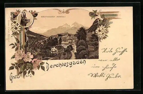 Lithographie Berchtesgaden, Ortsansicht mit Blumen und Gamsbock