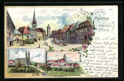 Lithographie Lichtenfels, Ortsansicht, Kirche Vierzehn Heiligen, Schloss Banz