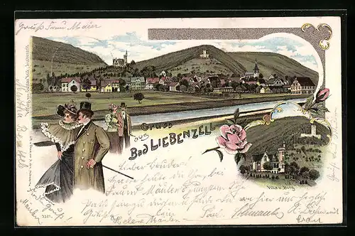 Lithographie Bad Liebenzell, Ortsansicht, Villa und Burg, Spaziergänger