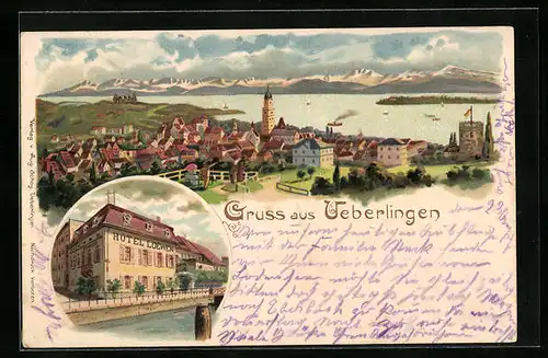 Lithographie Überlingen, Ortsansicht mit Bodensee, Hotel Loewen